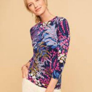 Talbots Pure Cashmere Floral Print Sweater L soft lux colorful business casual